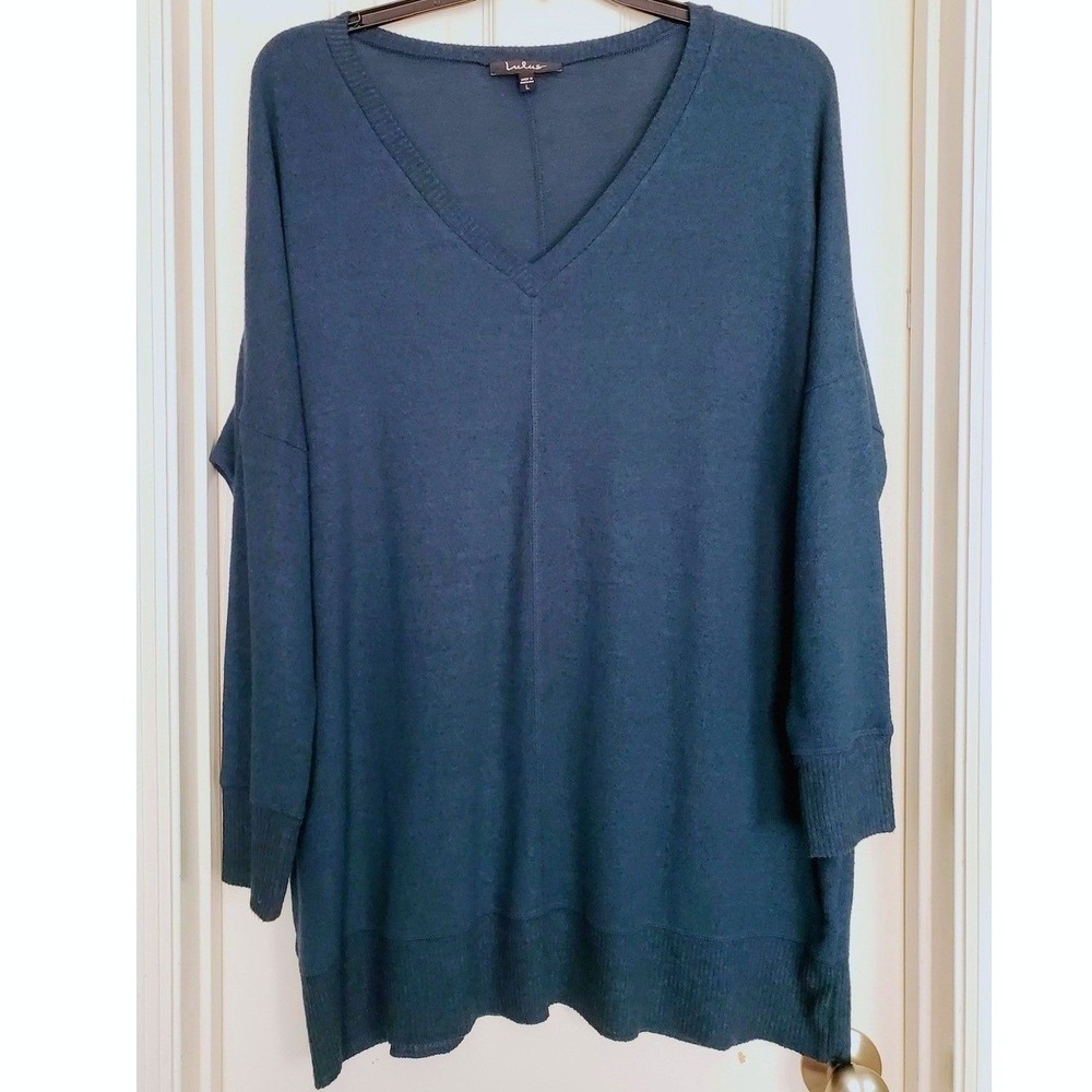 Lulus Teal Oversized Slouchy Tunic Sweater V-Neck Tunic Knit Cozy‎ Lightweight L